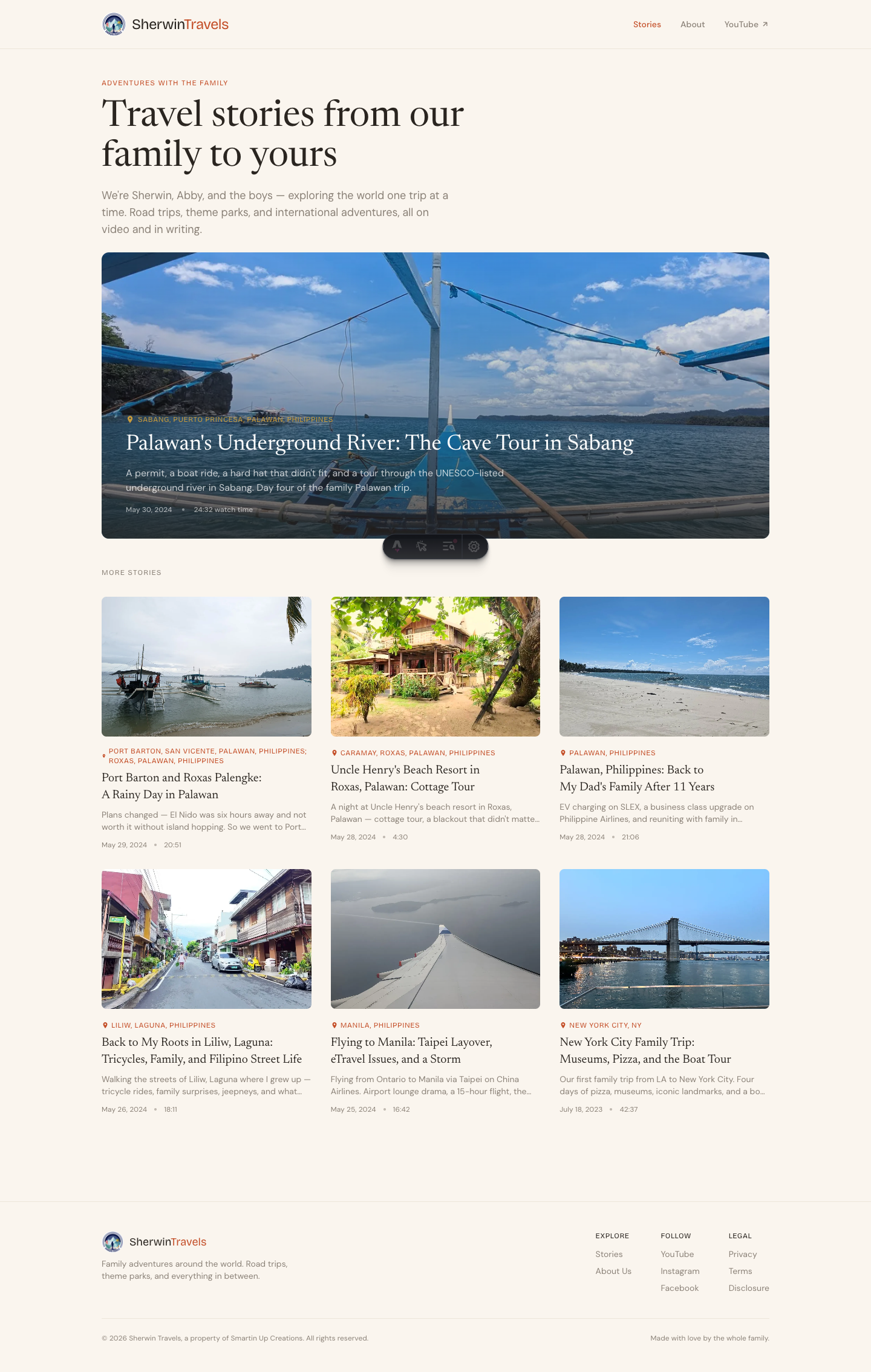 Sherwin Travels homepage before the design pass