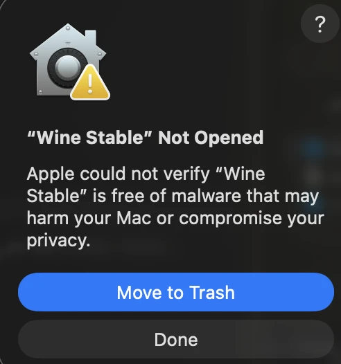 macOS Gatekeeper blocking the unsigned Wine Stable build