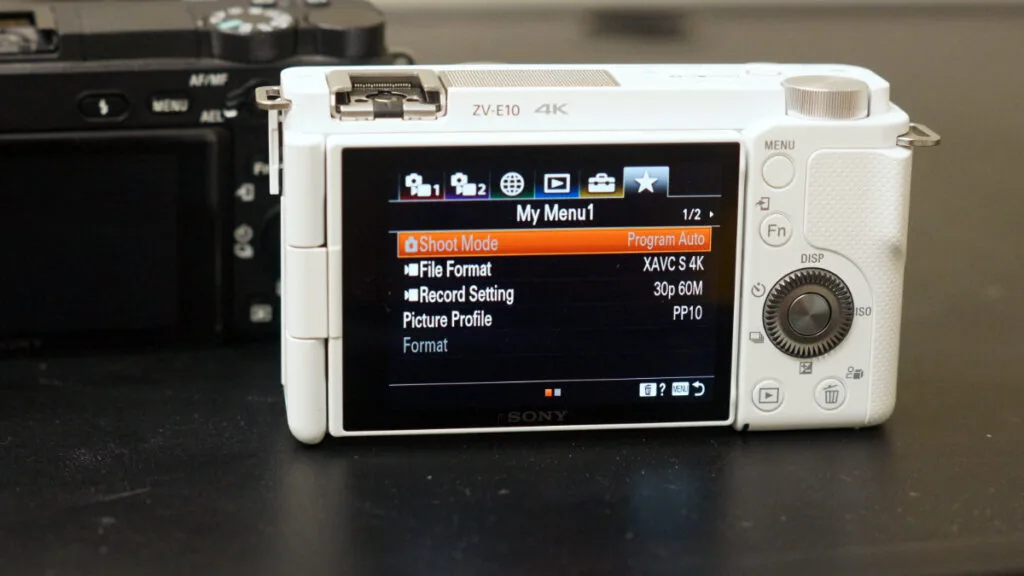 Sony ZV-E10 camera's LCD screen showing "My Menu1" with shooting settings.